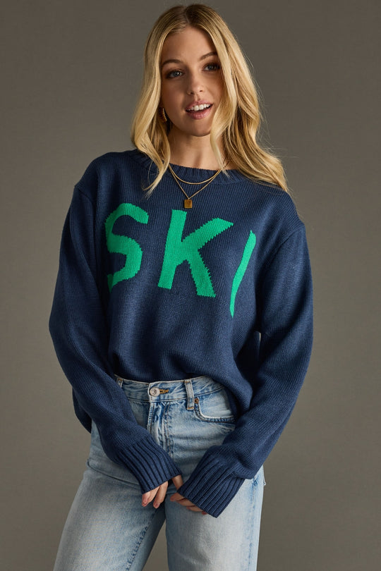 navy and green ski sweater, ski sweater, navy sweater, colorful sweater, women's sweater