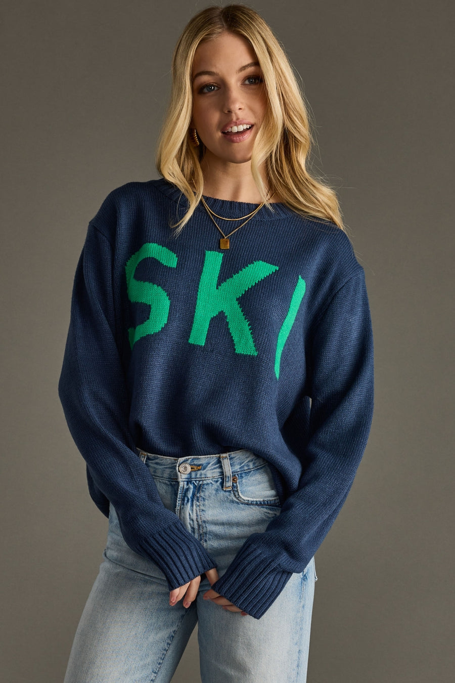 navy and green ski sweater, ski sweater, navy sweater, colorful sweater, women's sweater
