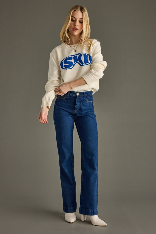 cream and blue ski goggles sweater, cream sweater, ski goggles sweater, ski sweater, women's sweater, ski trip