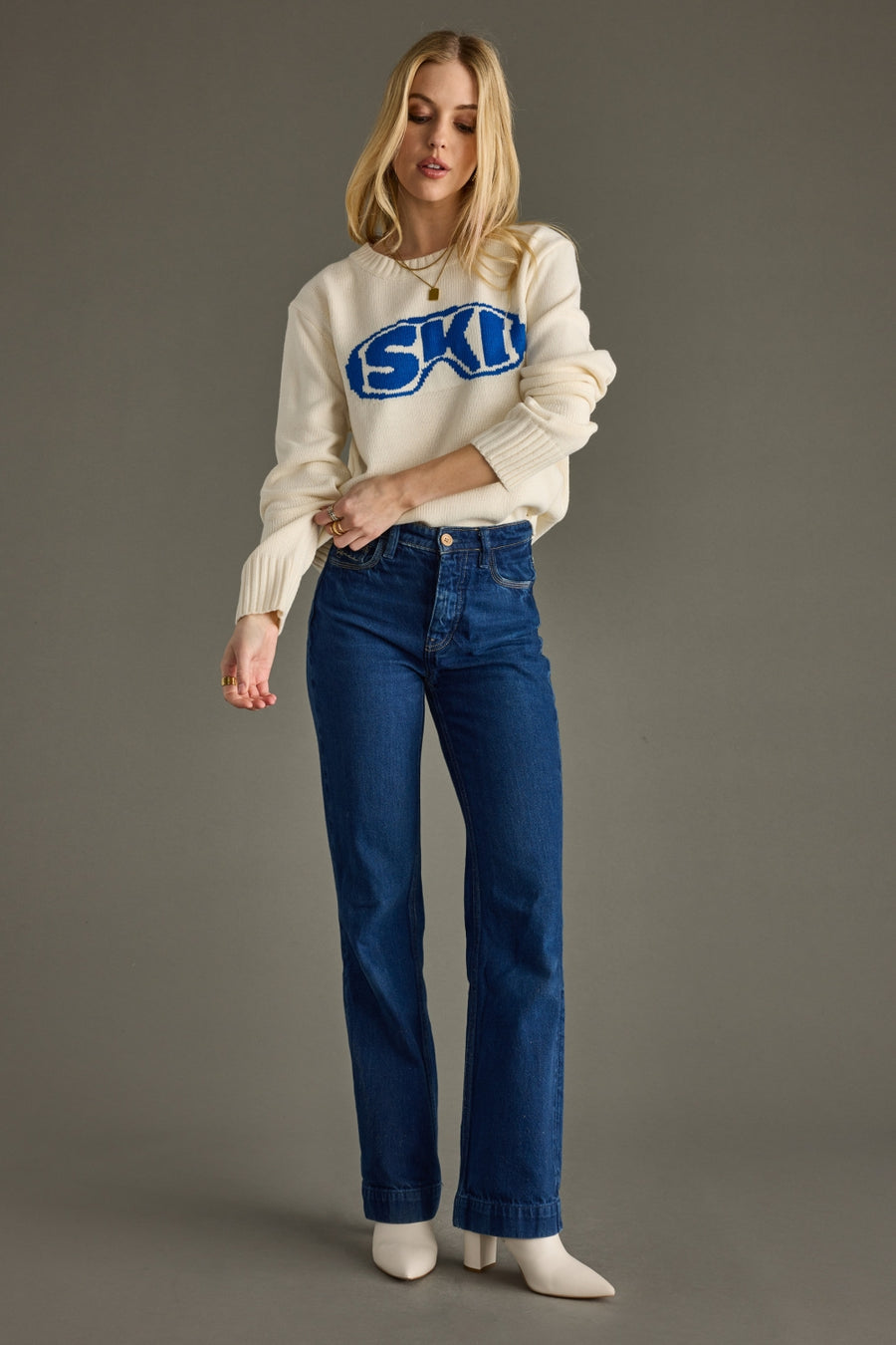 cream and blue ski goggles sweater, cream sweater, ski goggles sweater, ski sweater, women's sweater, ski trip