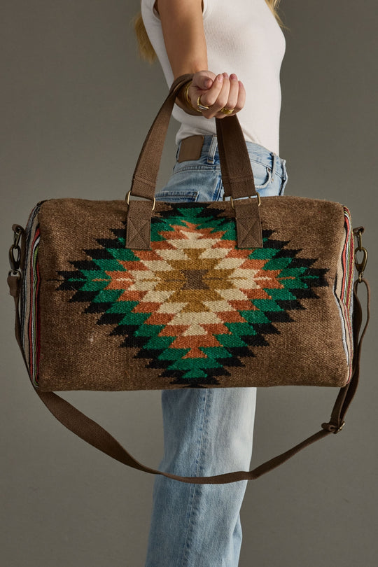 brown and multicolored western-inspired duffel bag, western duffel, aztec-inspired duffel, weekender, women's duffel, fall duffel