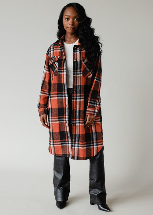 rust, black and cream plaid long flannel