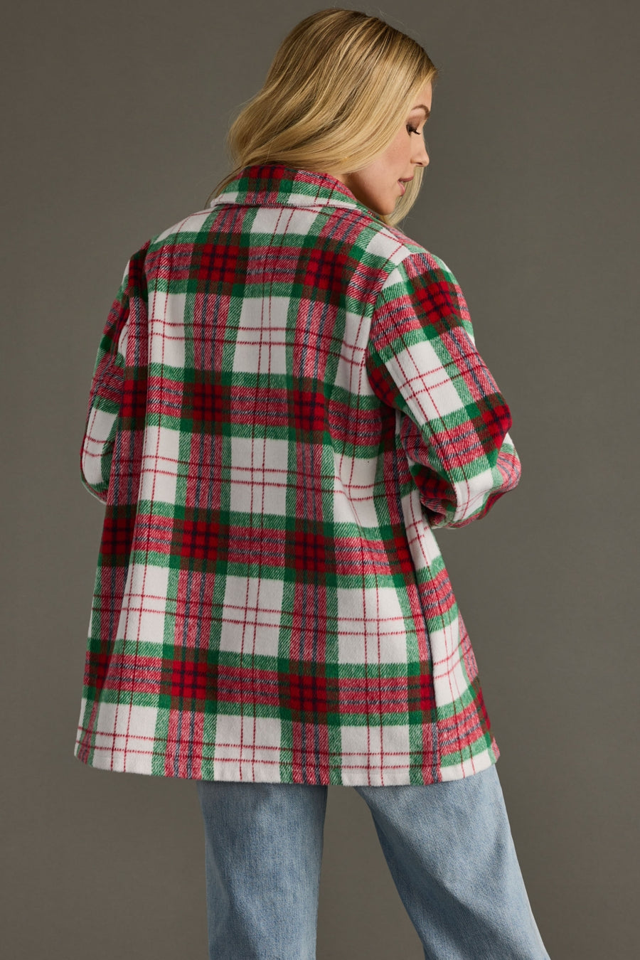 red, green and white plaid jacket, Christmas jacket, Christmas plaid