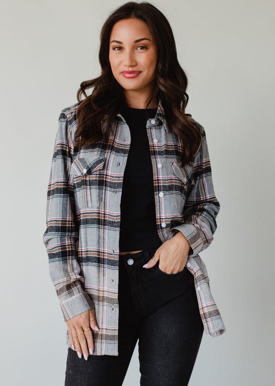 gray, red, camel and black plaid flannel
