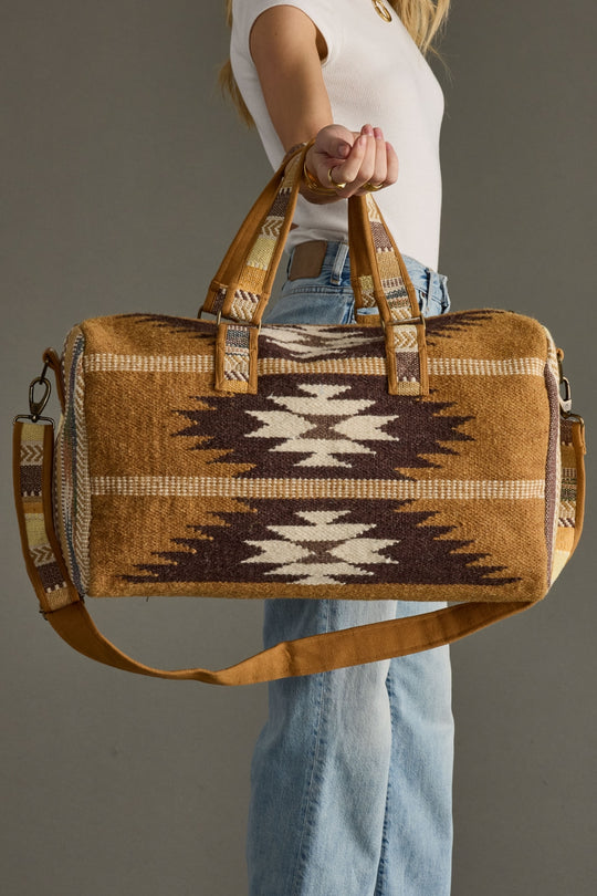 tan, brown and cream western duffel, neutral duffel bag, western inspired duffel bag, aztec inspired duffel bag, women's duffel bag, weekender