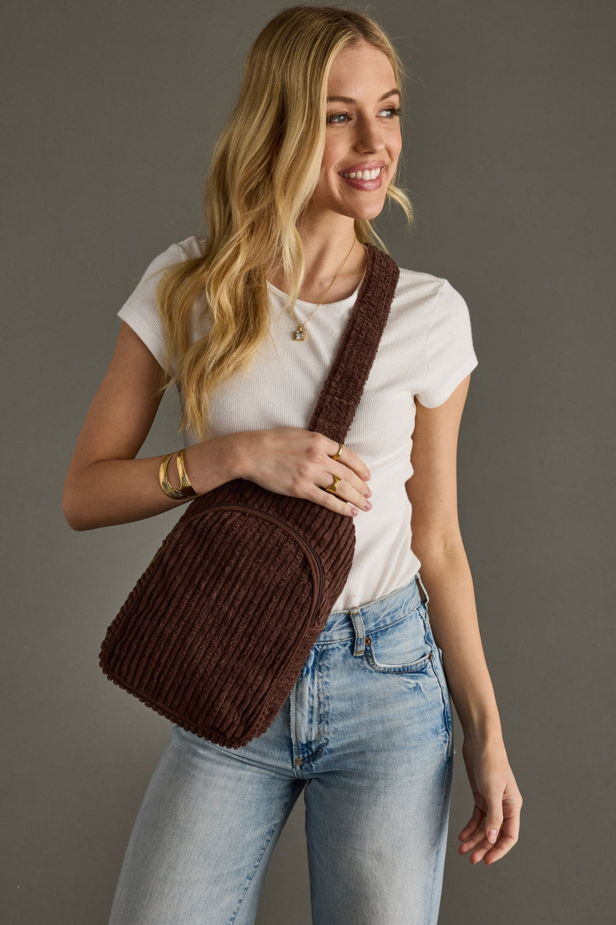 brown corduroy sling bag