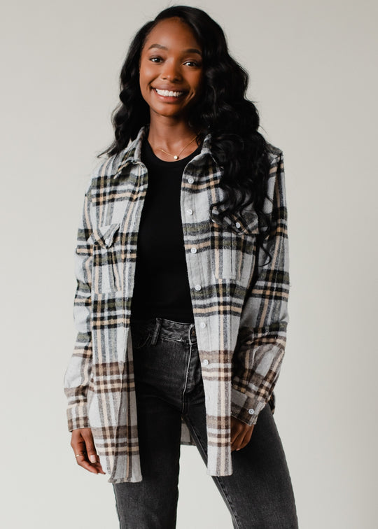 gray, tan, black and olive plaid flannel