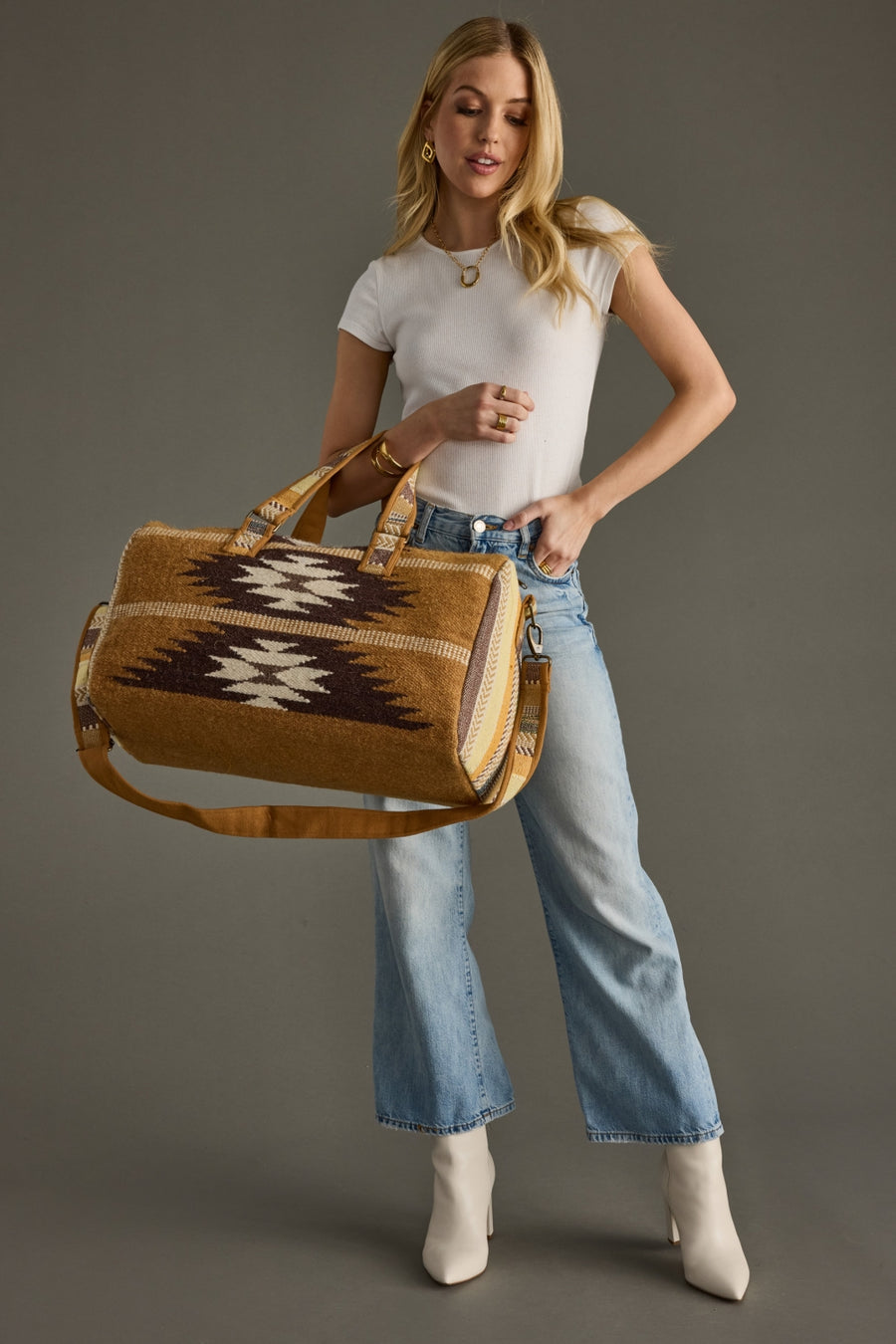 tan, brown and cream western duffel, neutral duffel bag, western inspired duffel bag, aztec inspired duffel bag, women's duffel bag, weekender