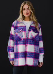 blue, pink and white plaid jacket, colorful jacket