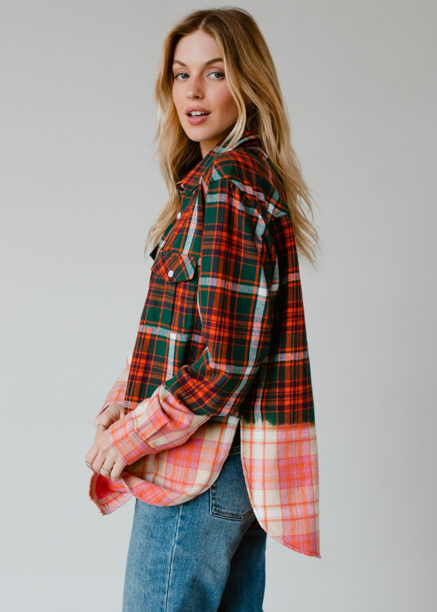 green, navy, orange and white plaid flannel