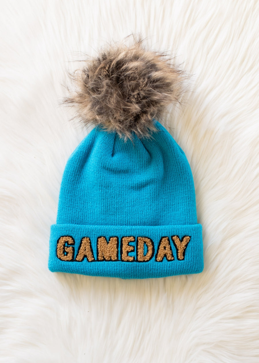 bright blue and tan game day pom hat, game day hat,  Honolulu blue, bright blue pom hat, winter hat, women's pom hat