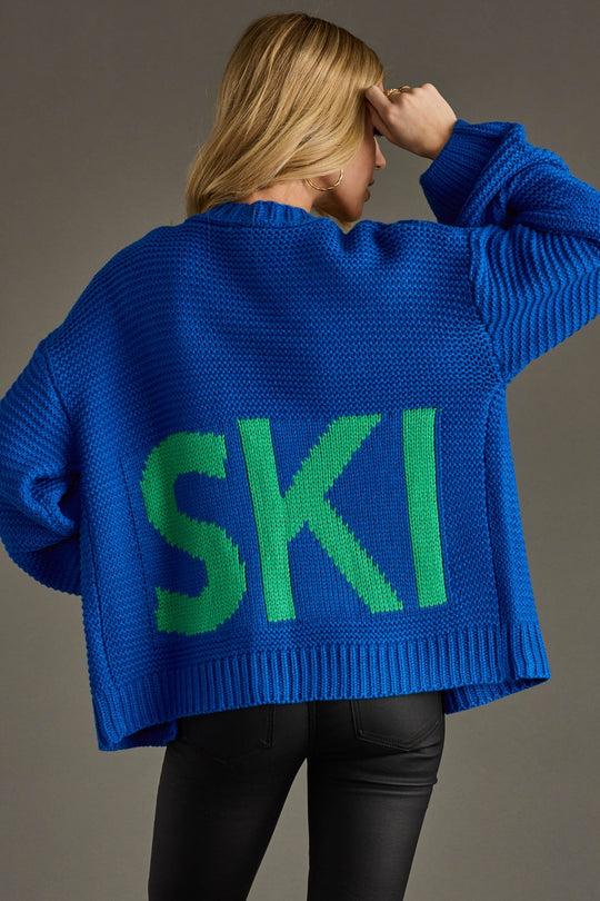 blue knit ski cardigan, royal blue cardigan, ski cardigan, winter cardigan, colorful cardigan, women's cardigan, ski trip, ski vacation
