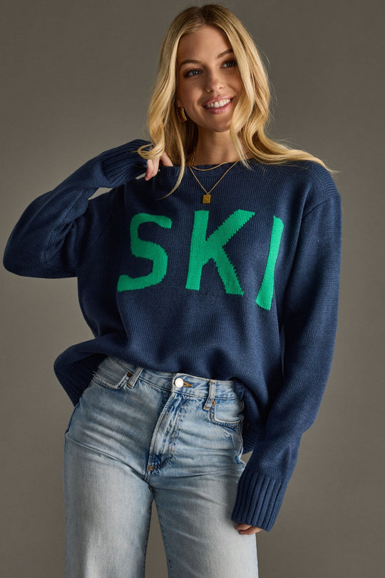 navy and green ski sweater, ski sweater, navy sweater, colorful sweater, women's sweater