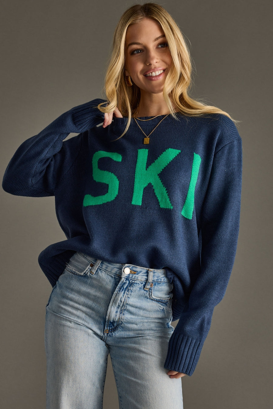 navy and green ski sweater, ski sweater, navy sweater, colorful sweater, women's sweater