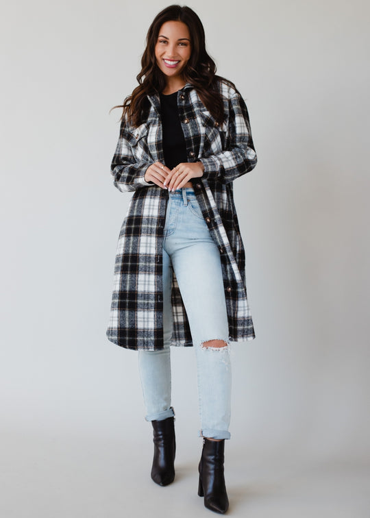 black, white, olive and tan plaid long flannel