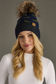 navy and green horse pattern pom hat, navy pom hat, women's pom hat, horse pattern, faux fur pom accent