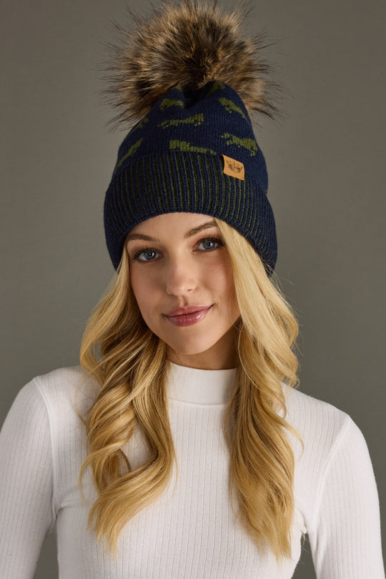 navy and green horse pattern pom hat, navy pom hat, women's pom hat, horse pattern, faux fur pom accent