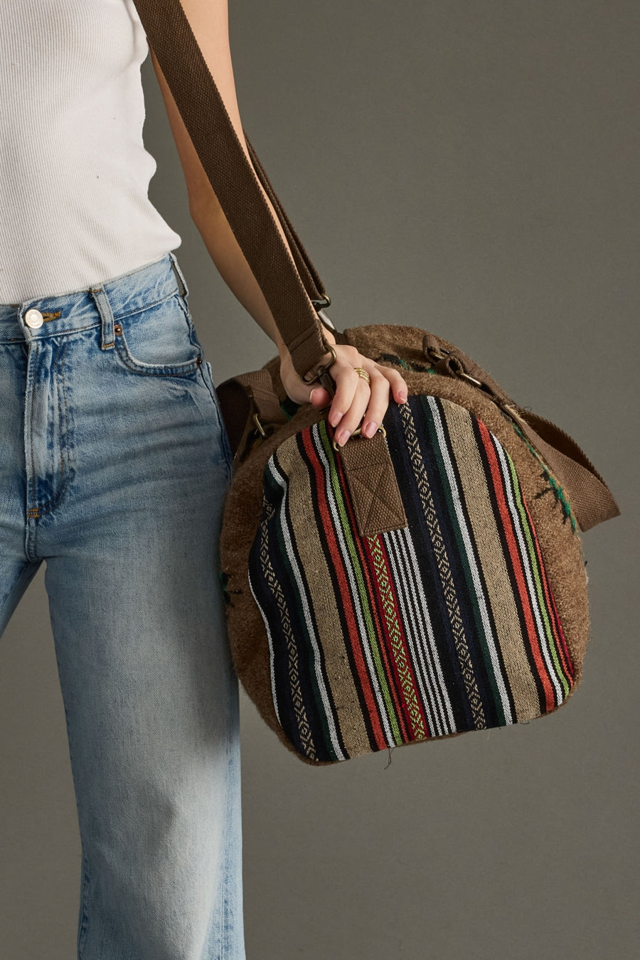 brown and multicolored western-inspired duffel bag, western duffel, aztec-inspired duffel, weekender, women's duffel, fall duffel