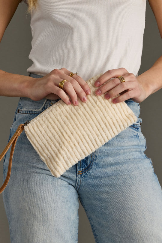 cream corduroy wristlet