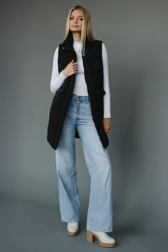 black long puffer vest, black vest, long vest, neutral vest, fall vest, women's vest