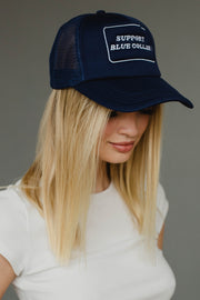 navy support blue collar trucker hat, navy trucker hat, support blue collar, women's trucker hat