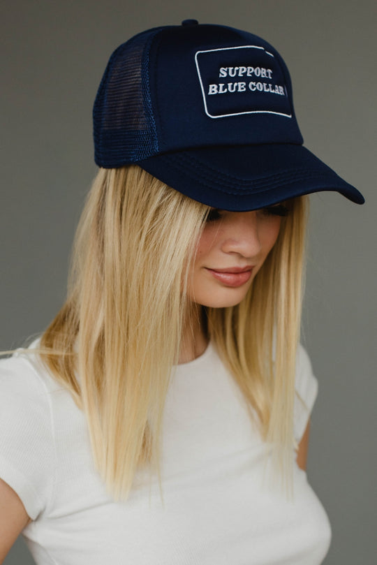 navy support blue collar trucker hat, navy trucker hat, support blue collar, women's trucker hat