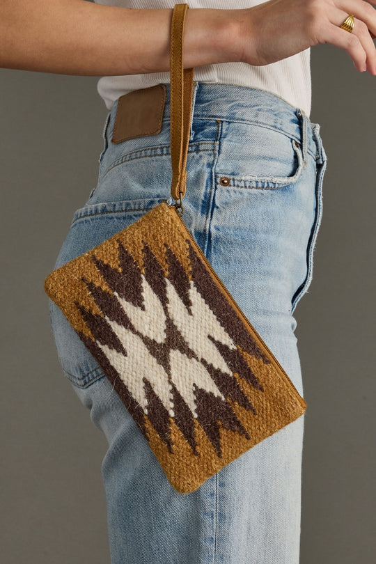 tan brown and cream western wristlet, aztec inspired wristlet, western inspired wristlet, neutral clutch