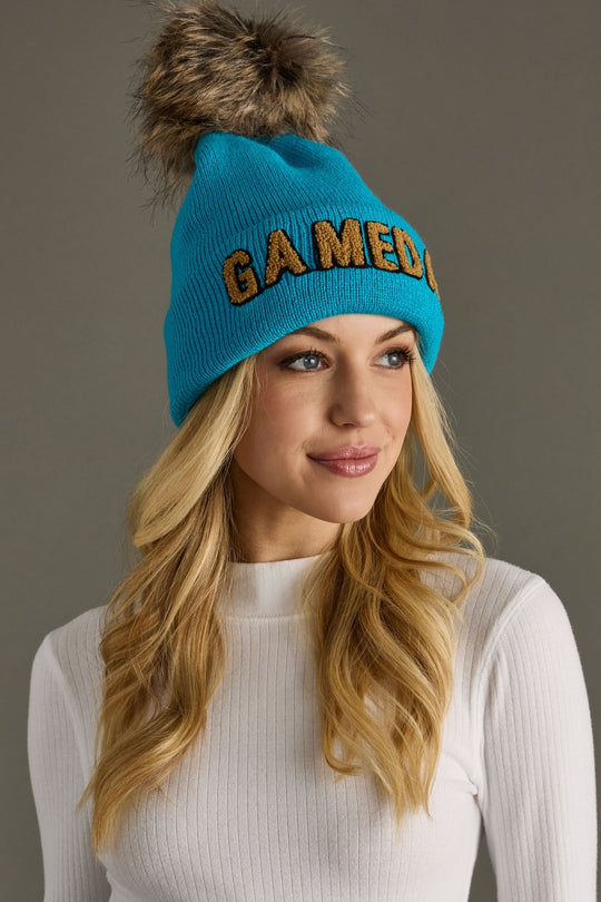 bright blue and tan game day pom hat, game day hat,  Honolulu blue, bright blue pom hat, winter hat, women's pom hat