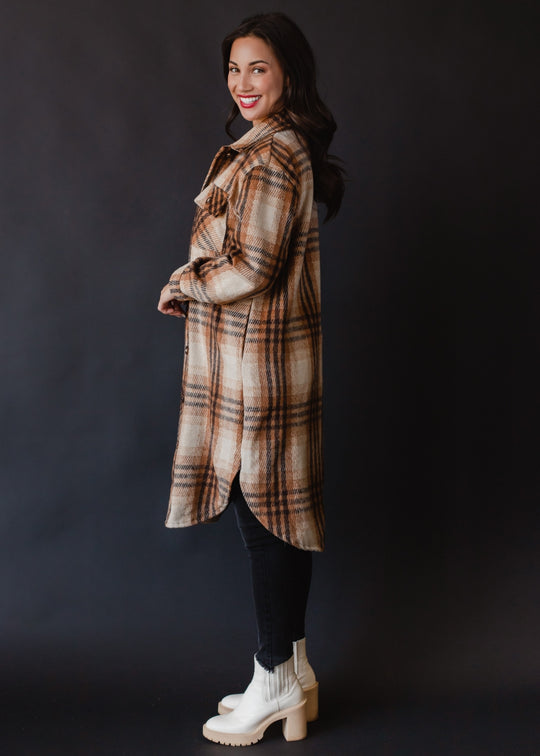 brown, tan and rust plaid long flannel, neutral flannel, fall shacket