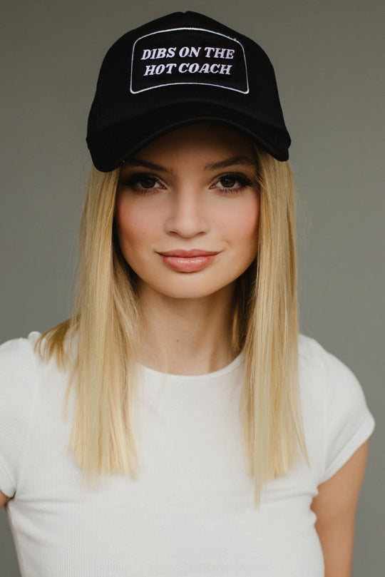 dibs on the hot coach trucker hat, black trucker hat, game day trucker hat, funny trucker hat, women's trucker hat