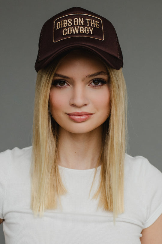 brown dibs on the cowboy trucker hat, brown trucker hat, dibs on the cowboy, neutral trucker hat, women's trucker hat