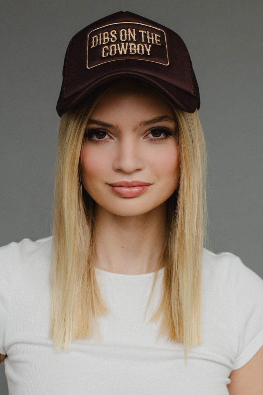 brown dibs on the cowboy trucker hat, brown trucker hat, dibs on the cowboy, neutral trucker hat, women's trucker hat