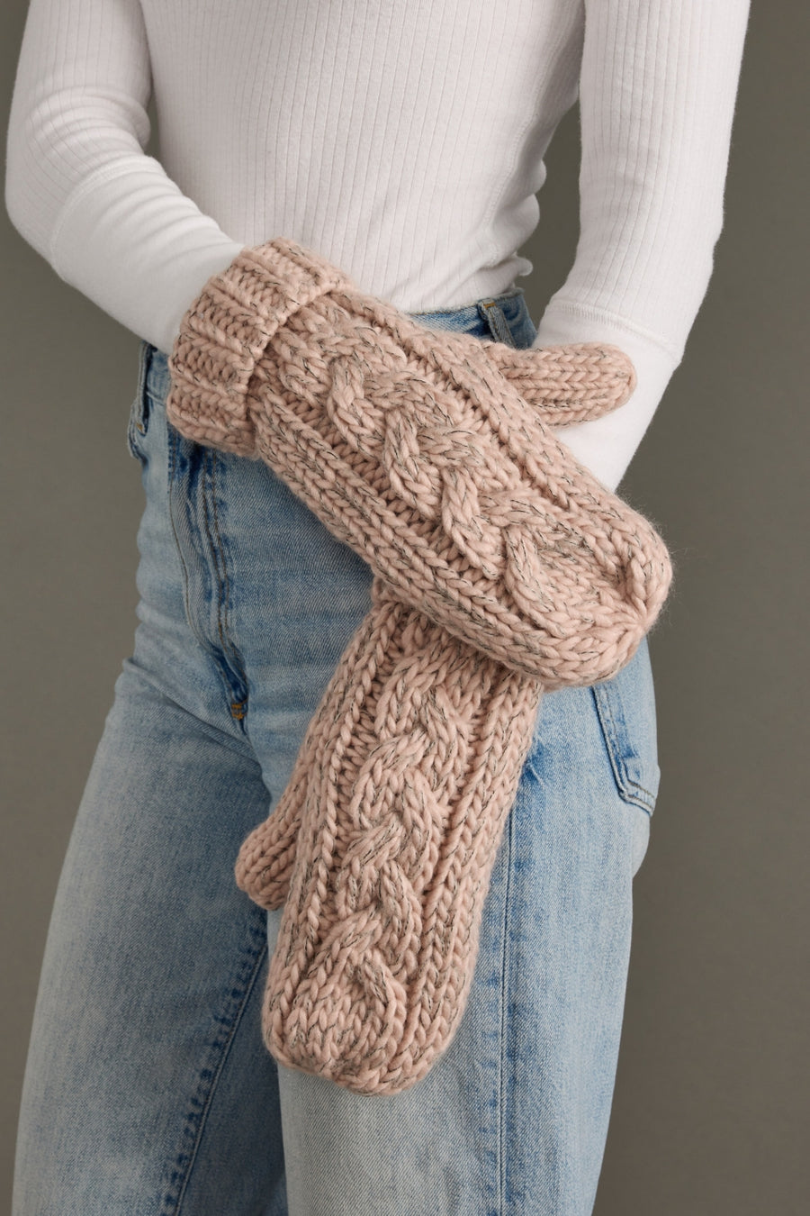 blush cable knit mittens