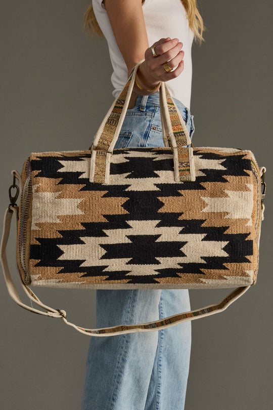 cream black and tan western duffel, western inspired duffel, aztec inspired duffel, neutral duffel bag, women's duffel bag, weekender bag