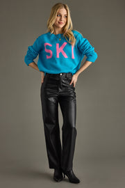 blue and pink ski sweater, ski sweater, bright blue sweater, colorful sweater, women's sweater