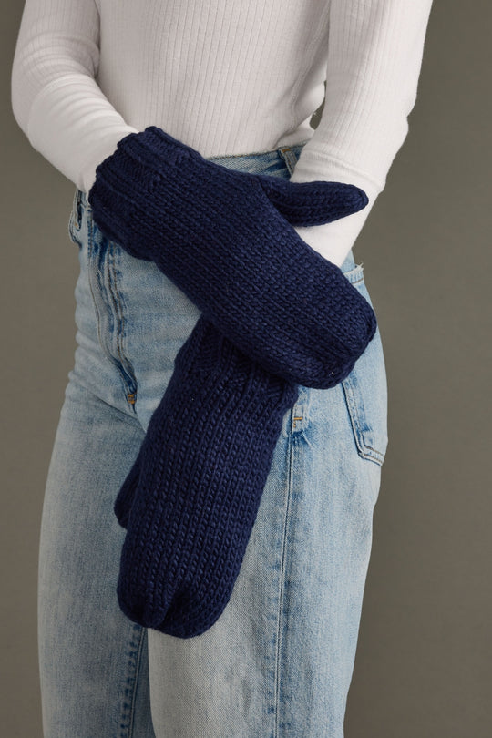 Person wearing dark blue knitted gloves with a plain background