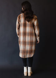brown, tan and rust plaid long flannel, neutral flannel, fall shacket