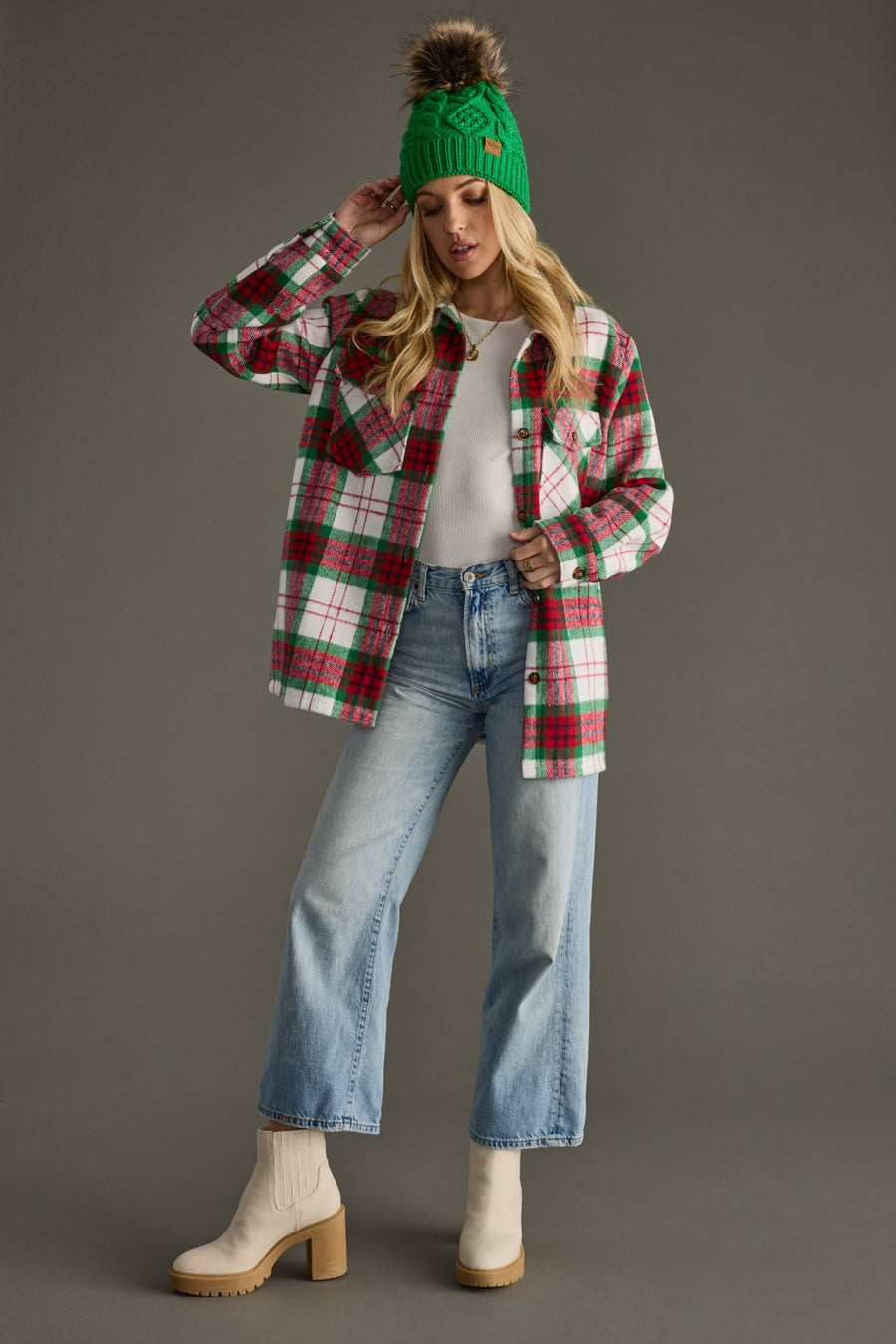 red, green and white plaid jacket, Christmas jacket, Christmas plaid