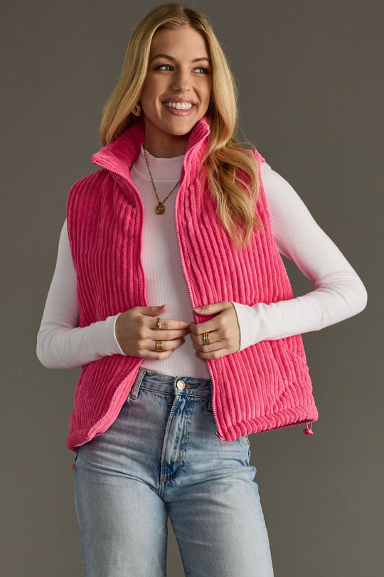 pink corduroy vest, pink vest, bright pink vest, corduroy vest, women's vest, winter vest, colorful vest