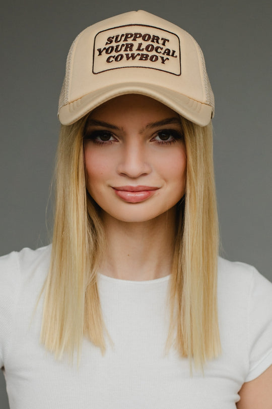 support your local cowboy trucker hat, tan trucker hat, neutral trucker hat, women's trucker hat