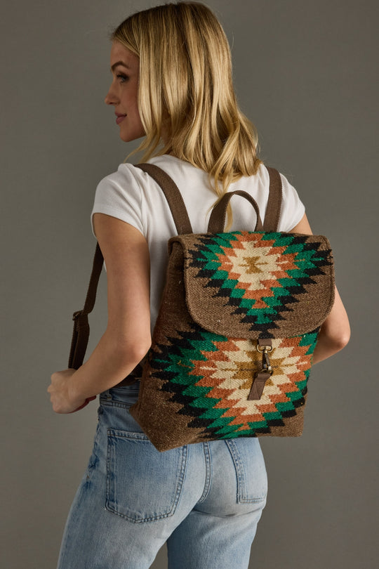 brown and multicolored western-inspired backpack, western backpack, aztec-inspired backpack, women's backpack, fall backpack