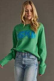 green and blue ski goggle sweater, green sweater, ski sweater, colorful sweater, women's sweater, ski trip