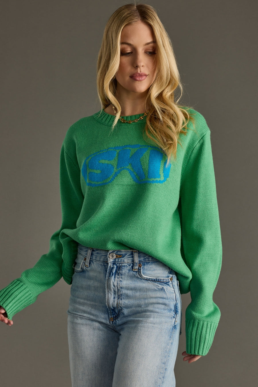 green and blue ski goggle sweater, green sweater, ski sweater, colorful sweater, women's sweater, ski trip