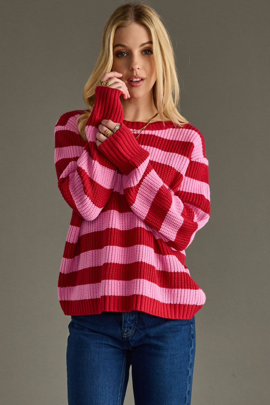 pink and red striped sweater, striped sweater, Christmas sweater, winter sweater, women's sweater
