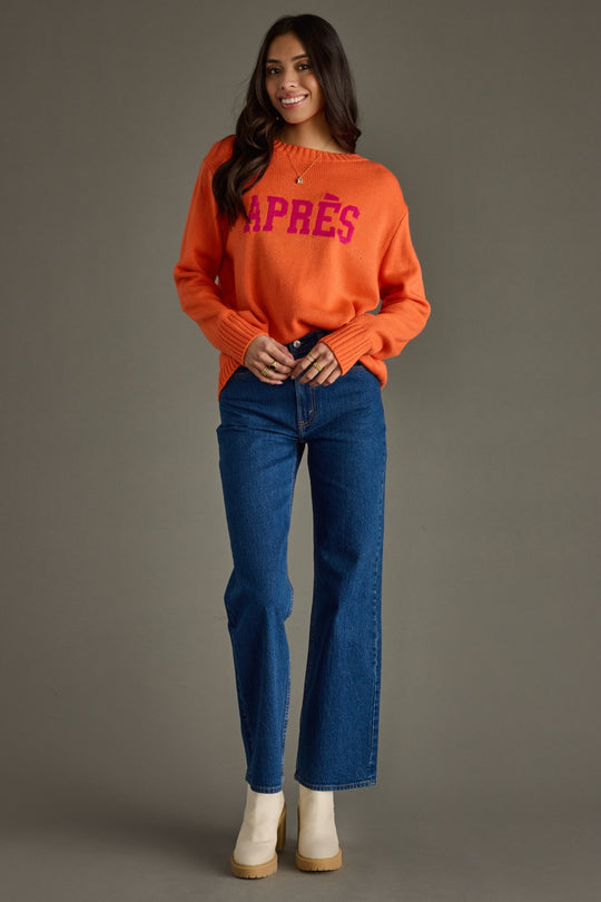 orange and pink apres sweater, apres sweater, colorful sweater, ski sweater, women's sweater, winter sweater