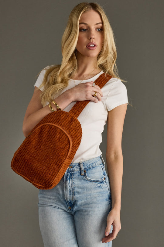 rust corduroy sling bag