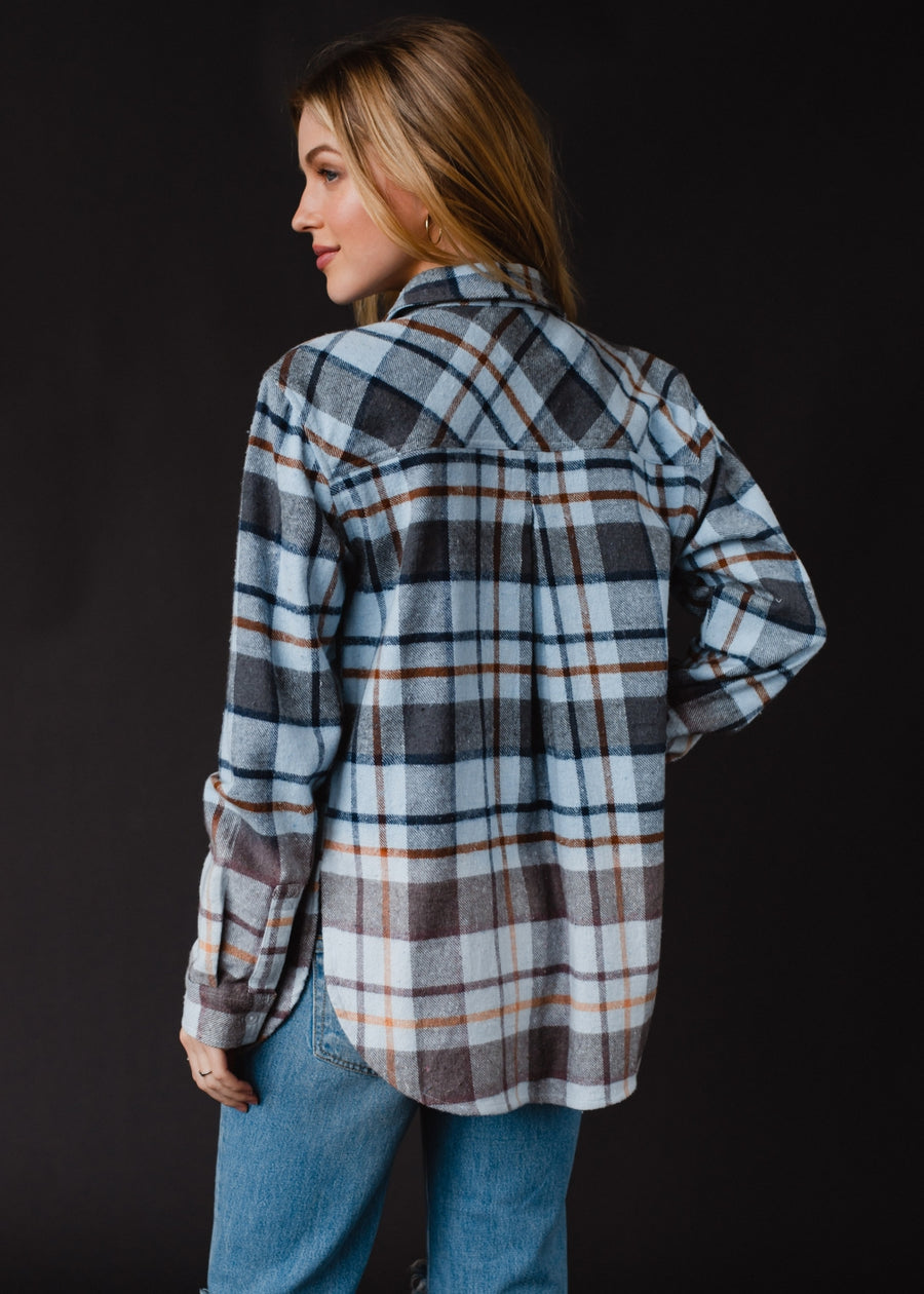 blue, navy, gray and brown plaid flannel
