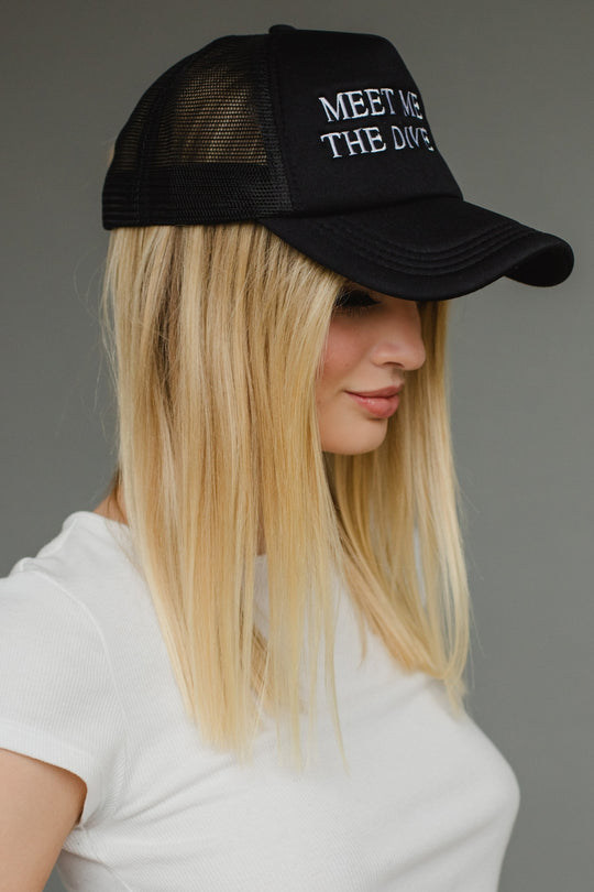 meet me at the dive bar trucker hat, black trucker hat, dive bar trucker hat, neutral trucker hat, women's trucker hat