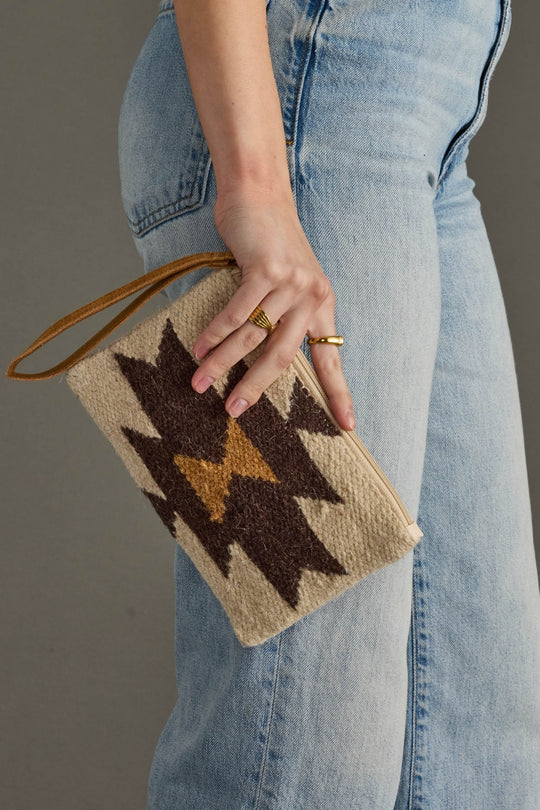 cream, brown and tan western wristlet, western wristlet, aztec-inspired wristlet, neutral wristlet, fall wristlet