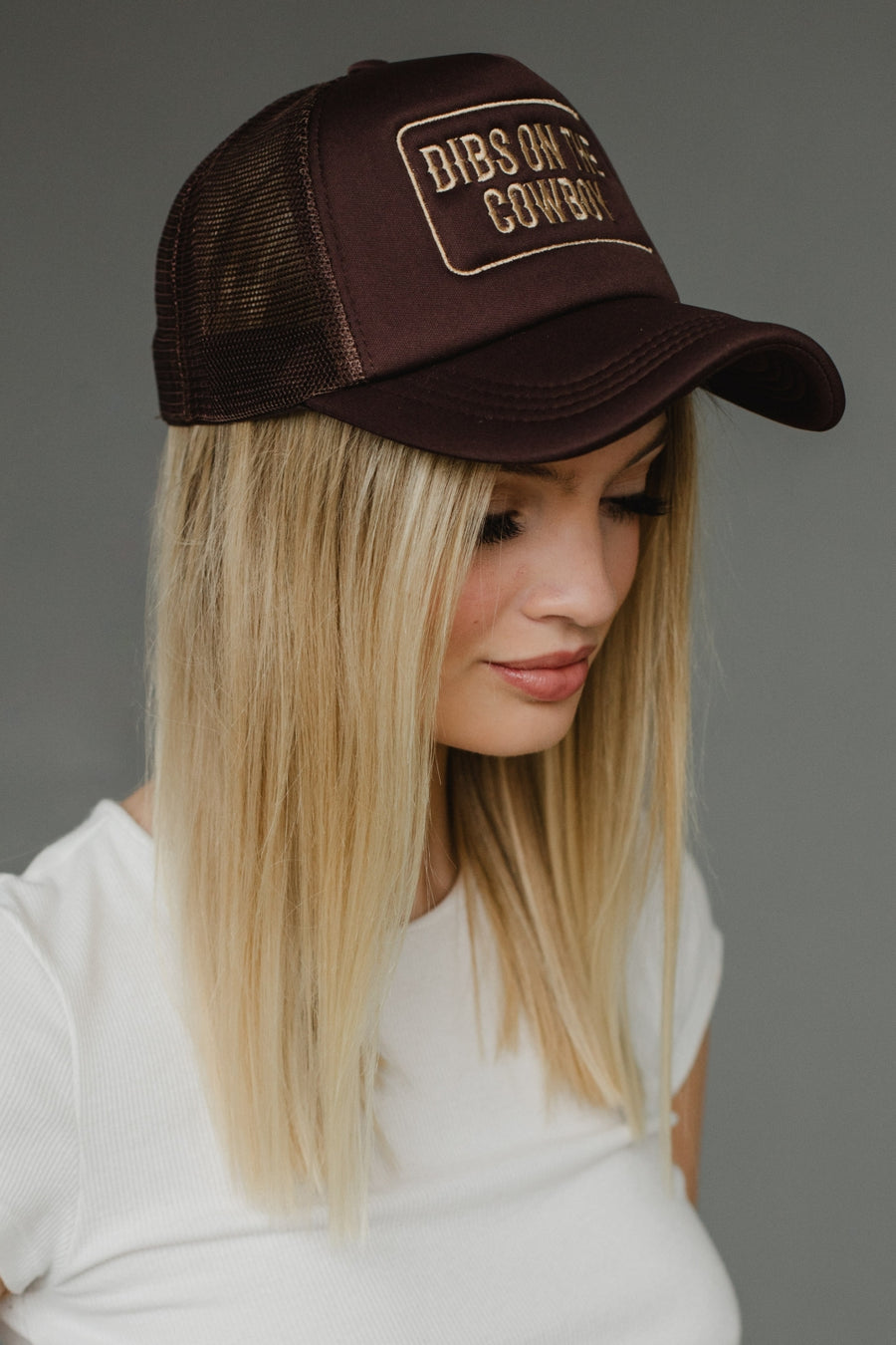 brown dibs on the cowboy trucker hat, brown trucker hat, dibs on the cowboy, neutral trucker hat, women's trucker hat
